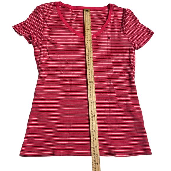 Tommy Hilfiger Womens Size M Red Blue White V Neck Striped Short Sleeve T-Shirt - Picture 8 of 10
